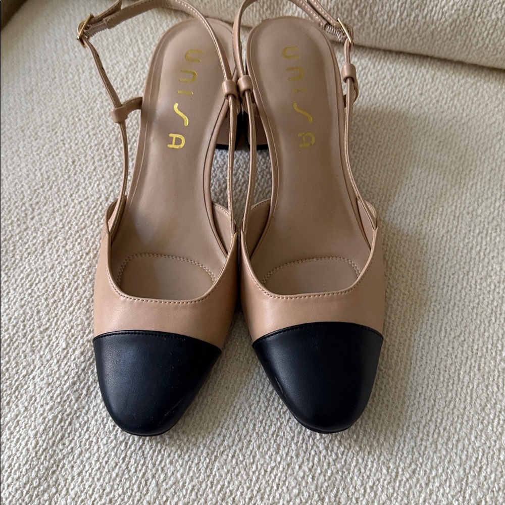 Unisa Beige and Black Slingback Pumps